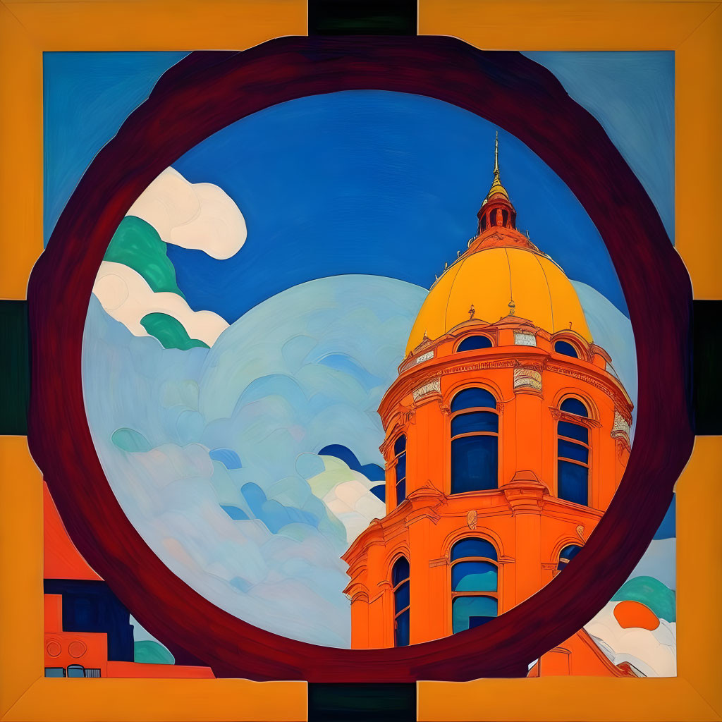 Colorful painting of orange dome building and circular window on yellow background