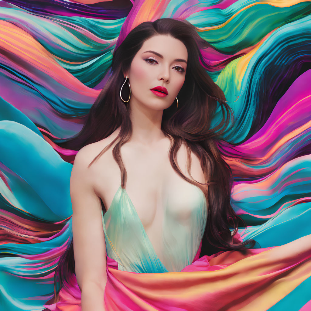 Dark-haired woman in pastel dress against vibrant backdrop