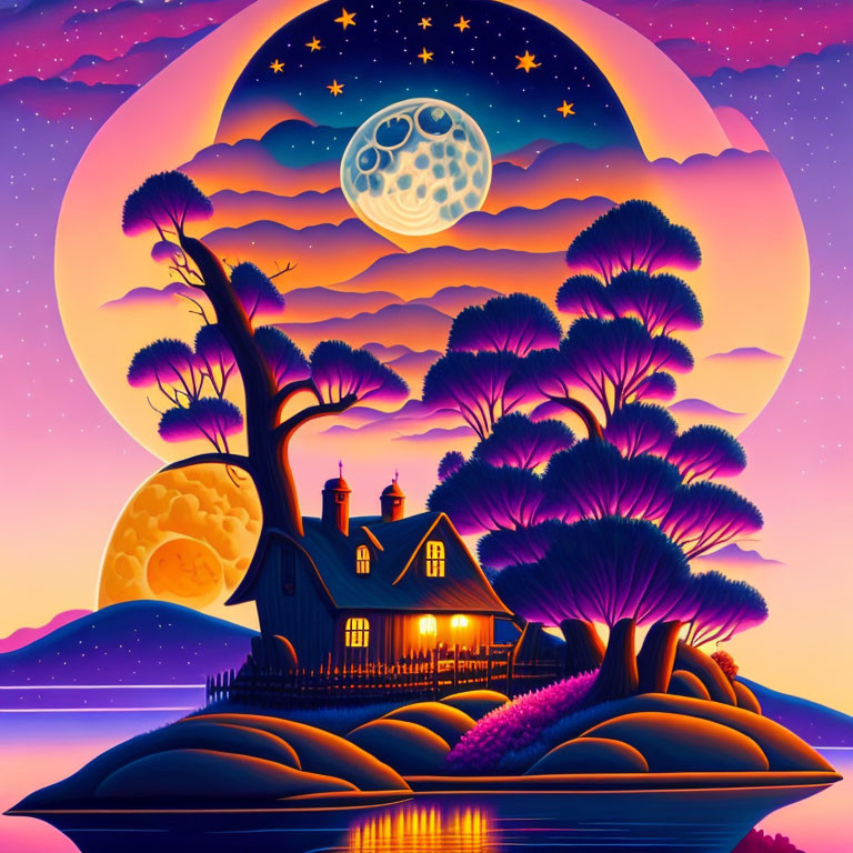 Colorful night scene with cozy house and moon.