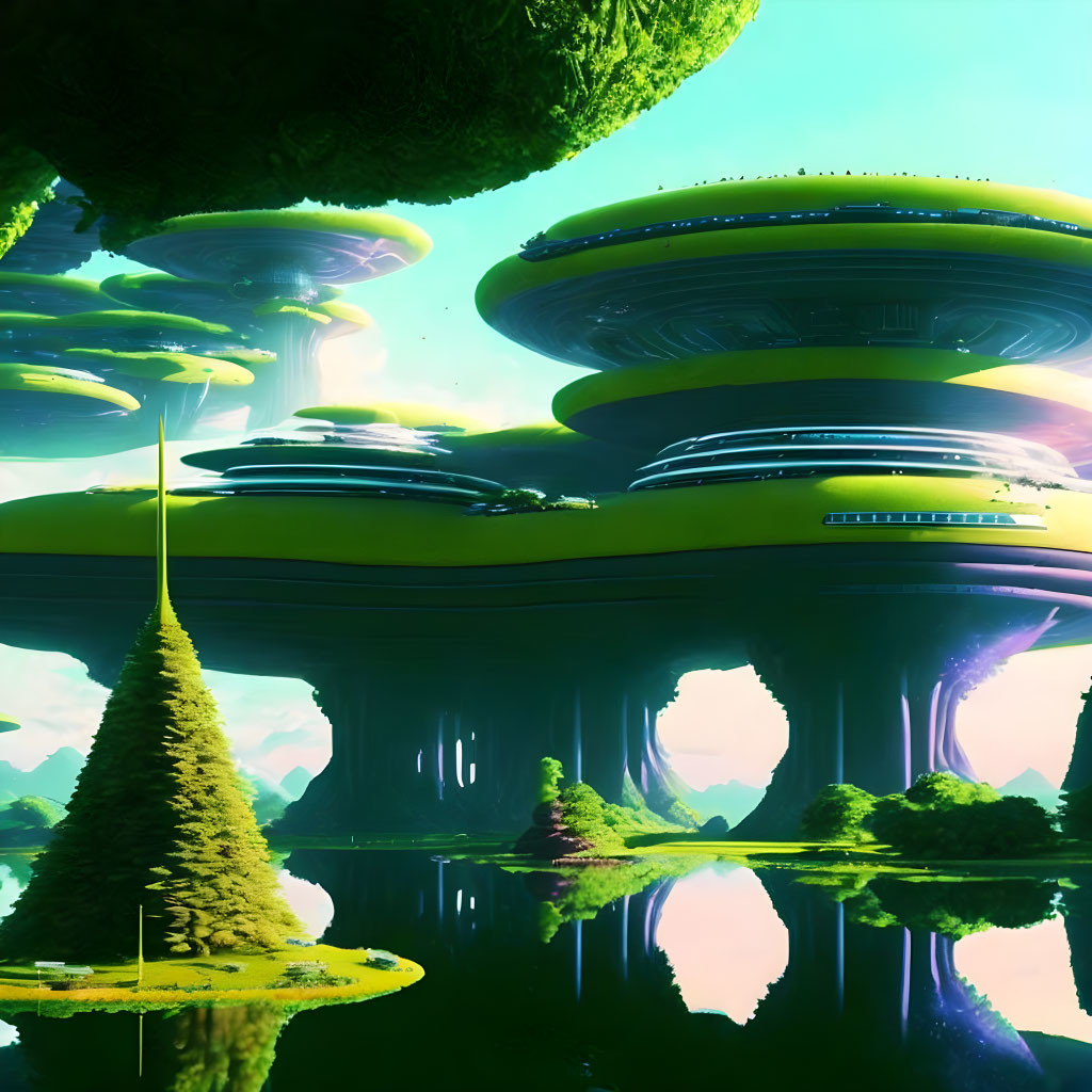 Futuristic cityscape with mushroom-shaped towers and alien sky