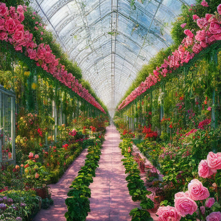 Lush pink rose garden in glass greenhouse