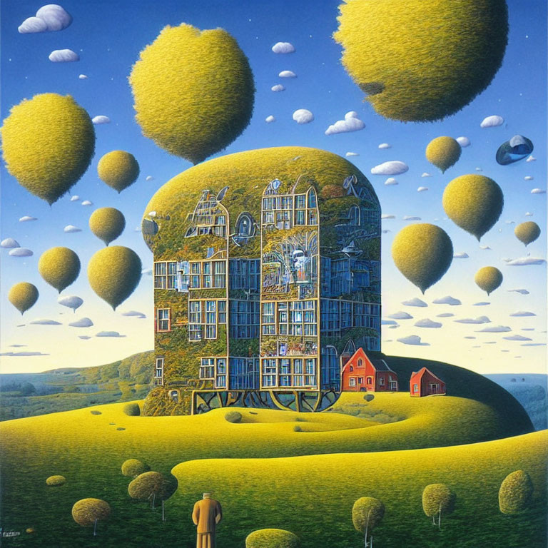 Surreal landscape with treehouse-like building and yellow balloon trees