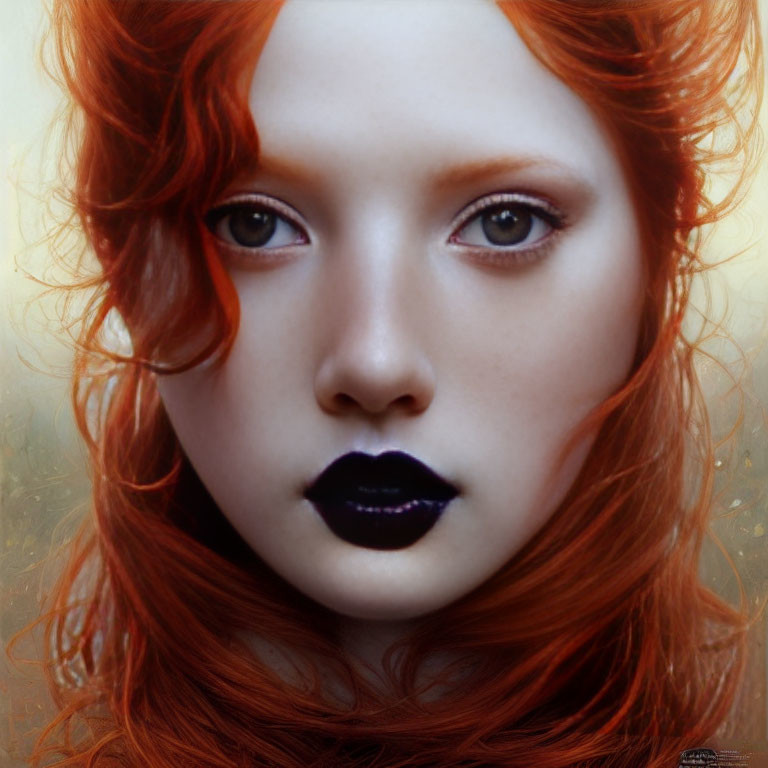 Close-up Portrait of Person with Striking Red Hair and Intense Brown Eyes