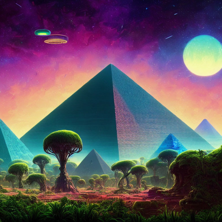 Fantastical landscape with pyramids, exotic trees, purple sky, moon, stars, and UFO