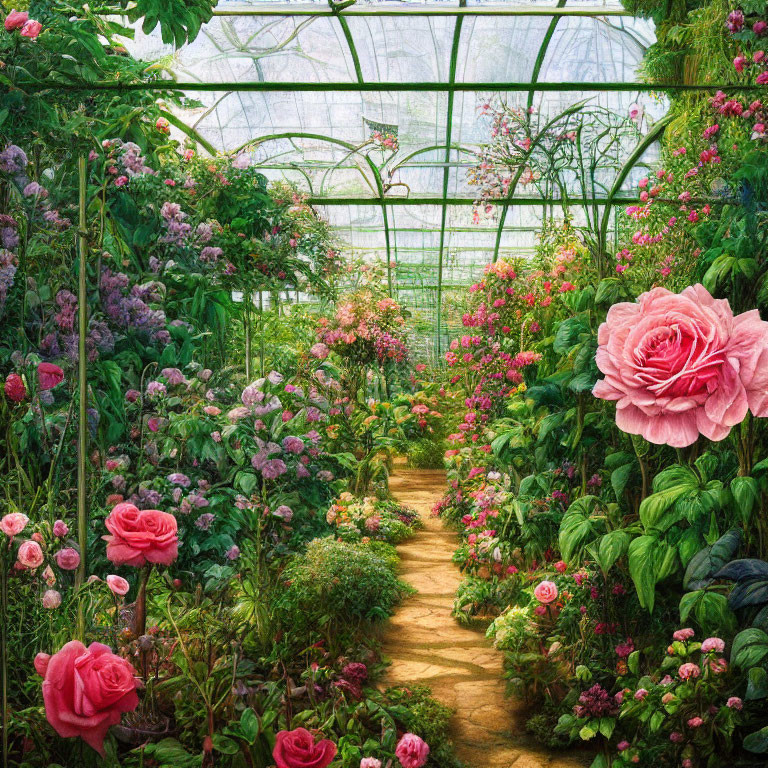 Vibrant pink and red roses in lush greenhouse with green plants