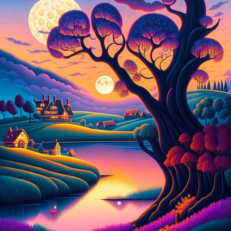 Colorful landscape with tree, houses, hills, moon & water