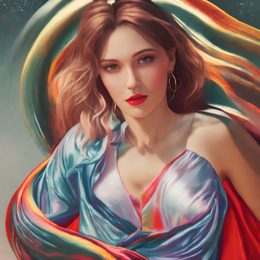 Detailed digital artwork: woman with flowing hair and multicolored scarf.