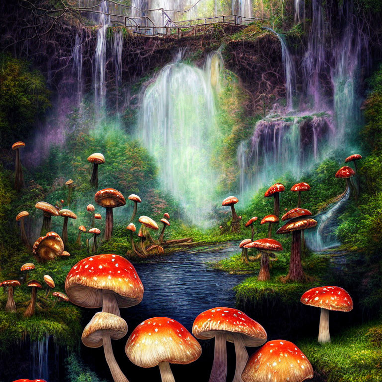 Enchanting Waterfall Surrounded by Vibrant Mushrooms in Mystical Forest