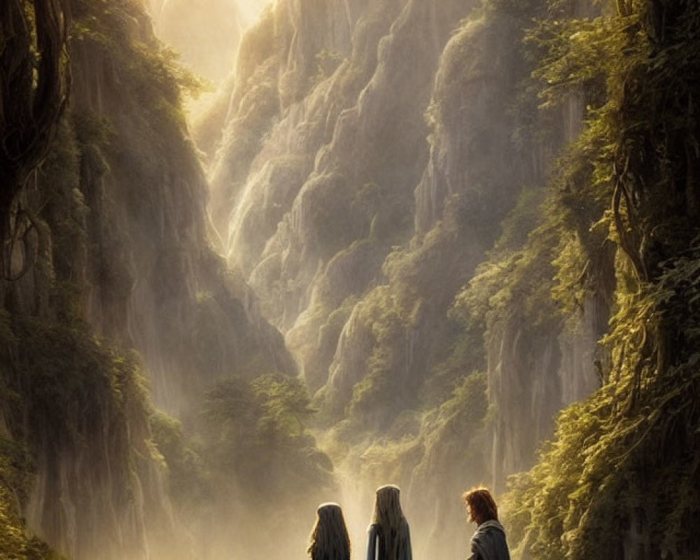 Three robed figures in mystical mountain landscape