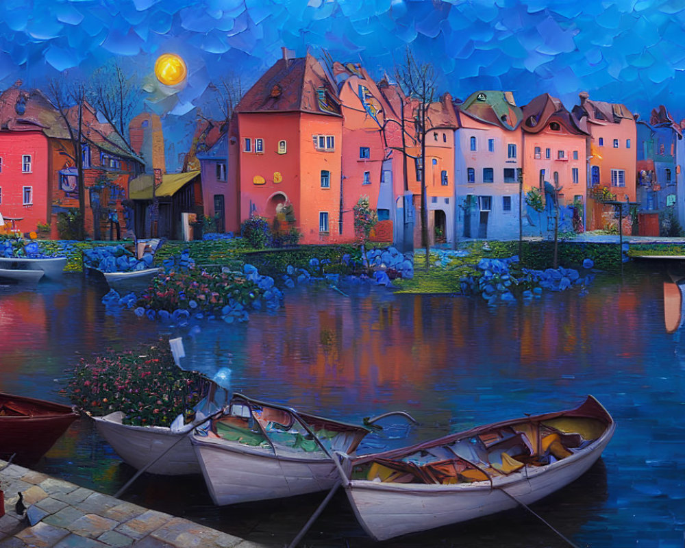 Colorful painting of riverside village at dusk