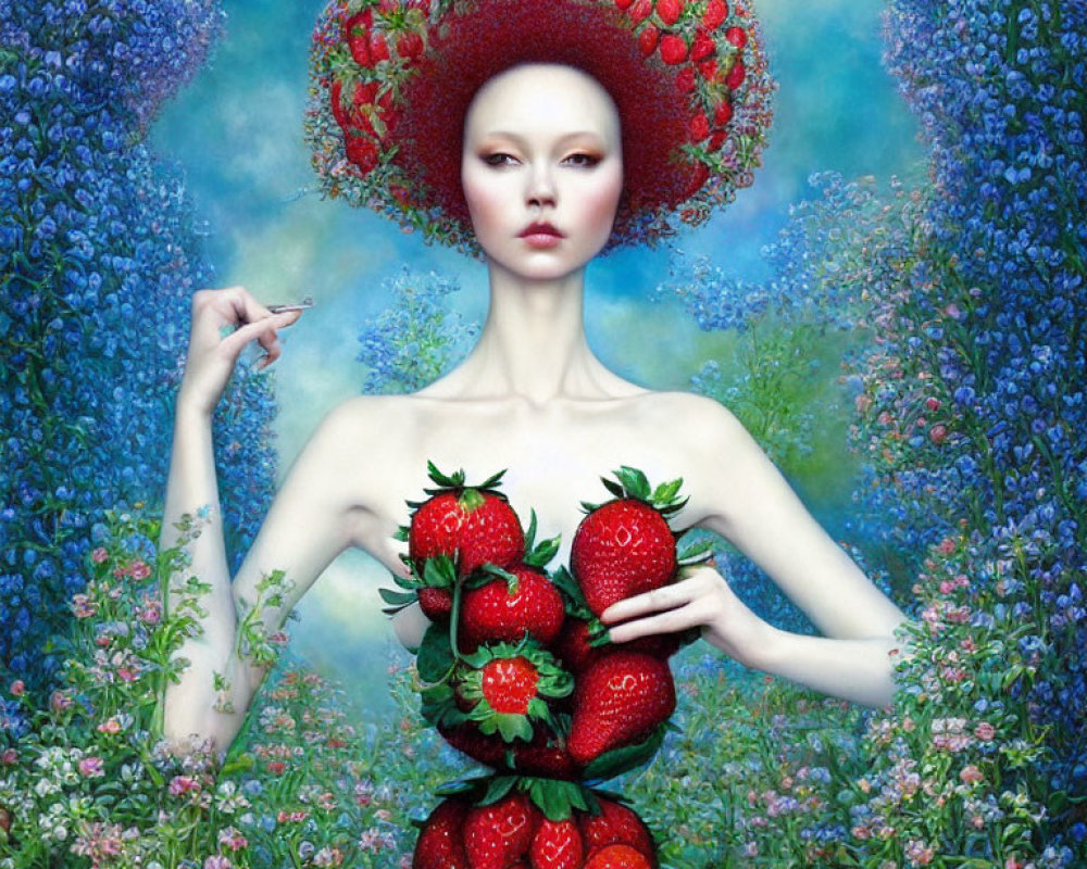 Surreal portrait featuring person with strawberry hat and body against blue floral backdrop