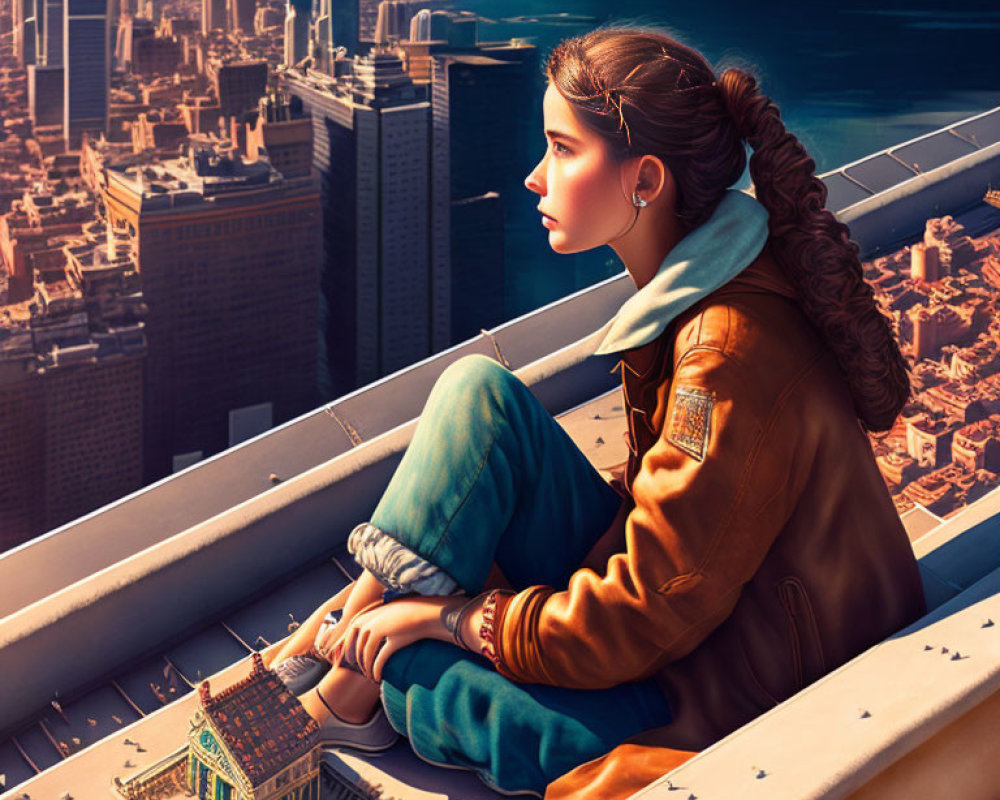 Digital artwork: Woman on skyscraper with surreal cityscape & tiny building.