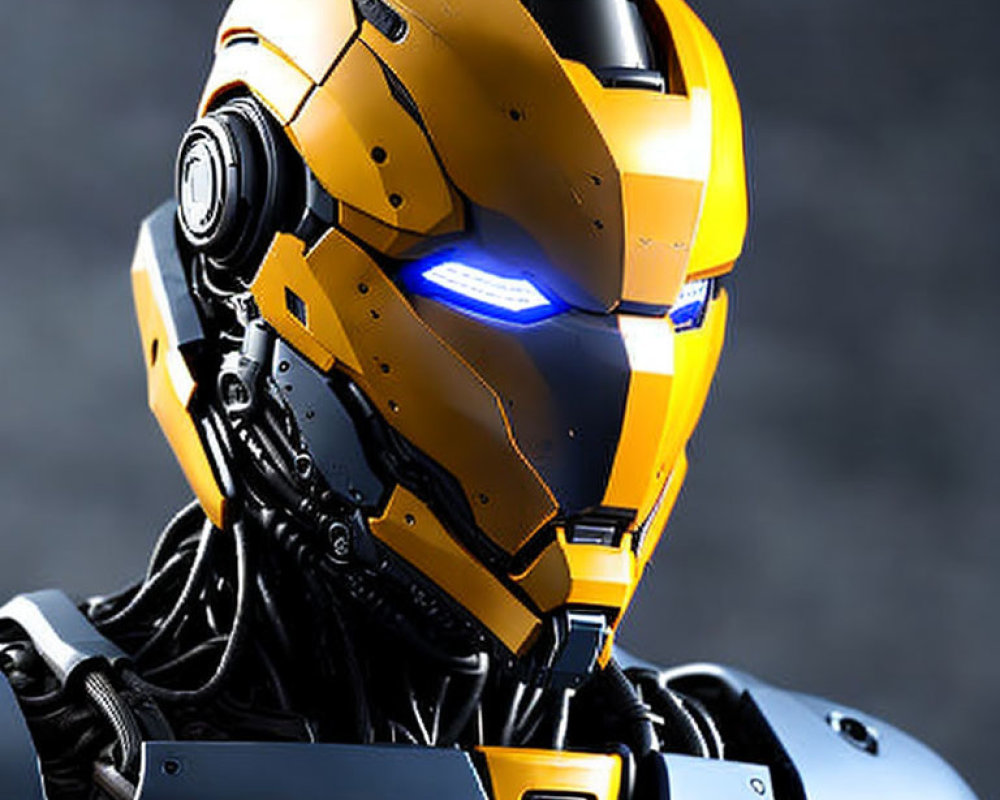 Futuristic robotic head with yellow and black armor and glowing blue eyes on gray background