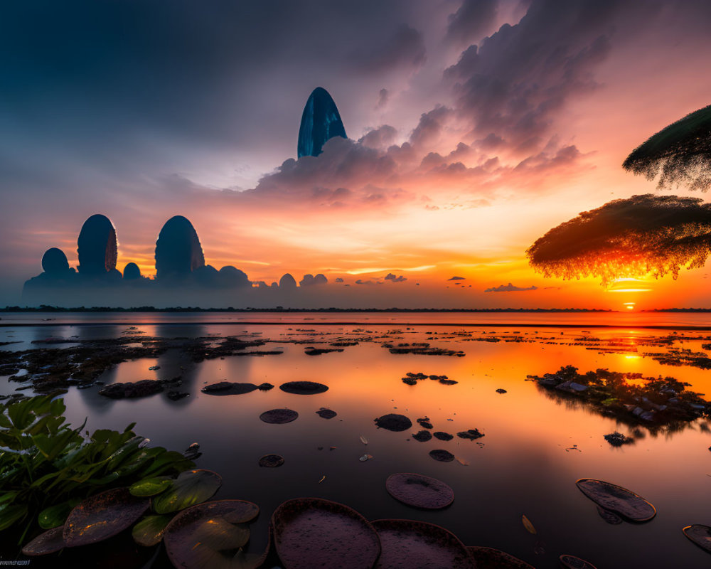 Tranquil lake sunset with lily pads, colorful sky, and rock formations