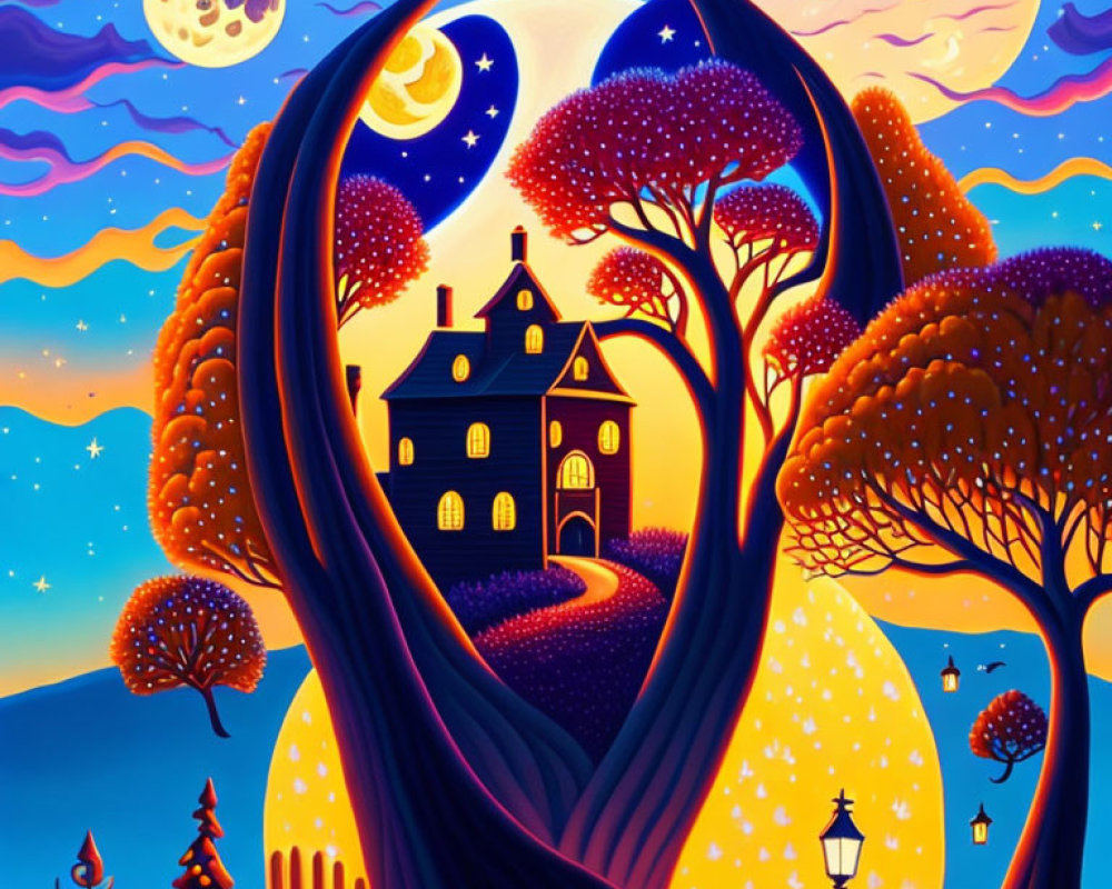 Whimsical house illustration with swirling night sky, two moons, colorful trees, and glowing lanterns