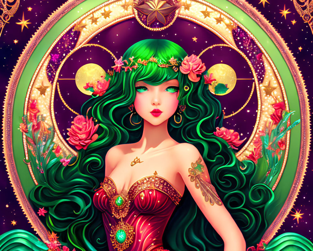 Illustrated woman with green hair in red and gold dress against cosmic backdrop