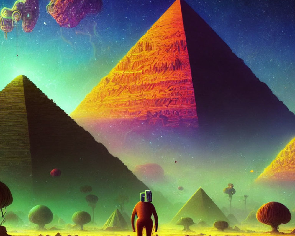 Surreal landscape with pyramids, astronaut, cosmic sky, planets, and fantastical elements