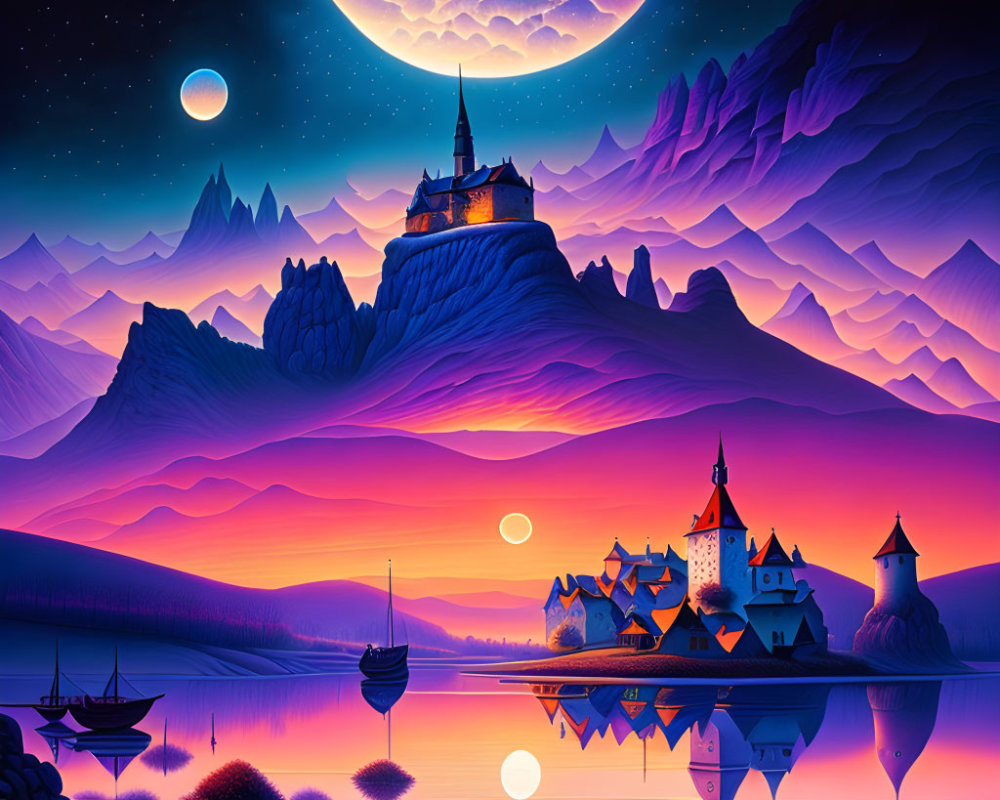 Fantasy landscape with twilight castle, lake, boats, and moon