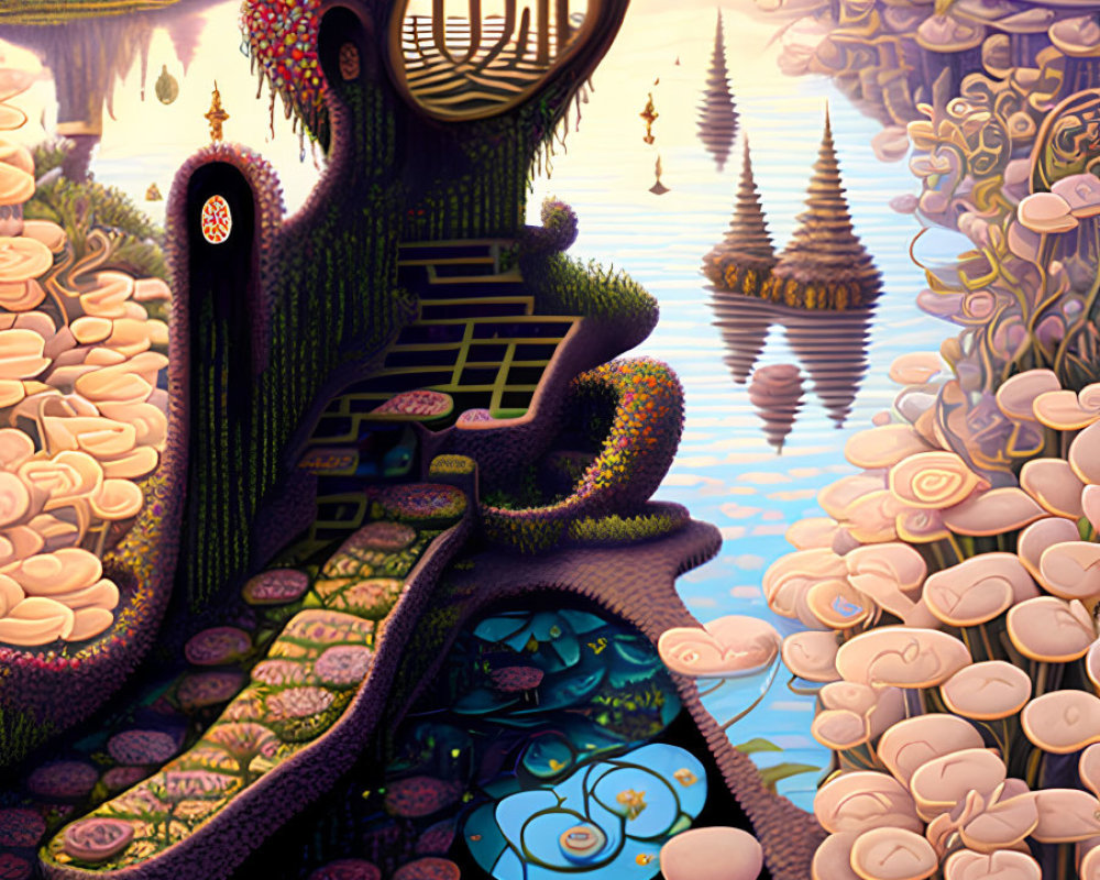 Colorful surreal landscape with stylized human figure and unique flora & water elements