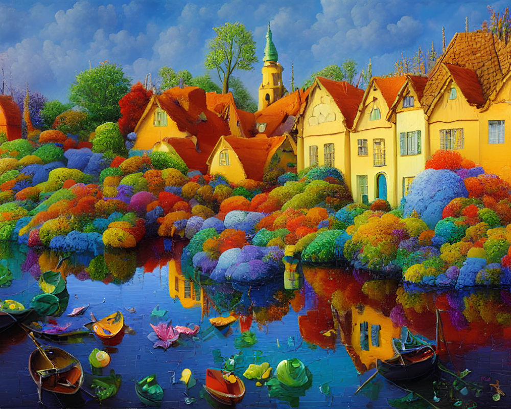 Colorful village painting with river reflection and rowboats under blue sky