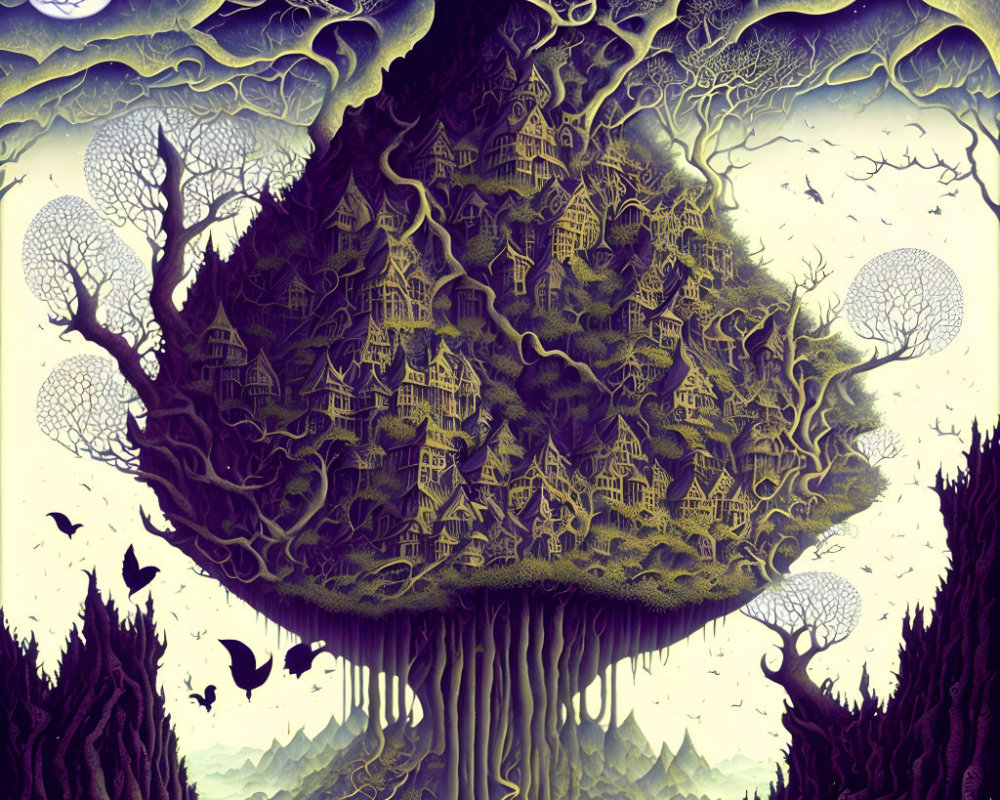 Illustration of giant tree with integrated village under night sky