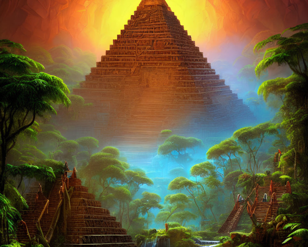 Majestic pyramid in lush jungle with waterfalls and ancient ruins