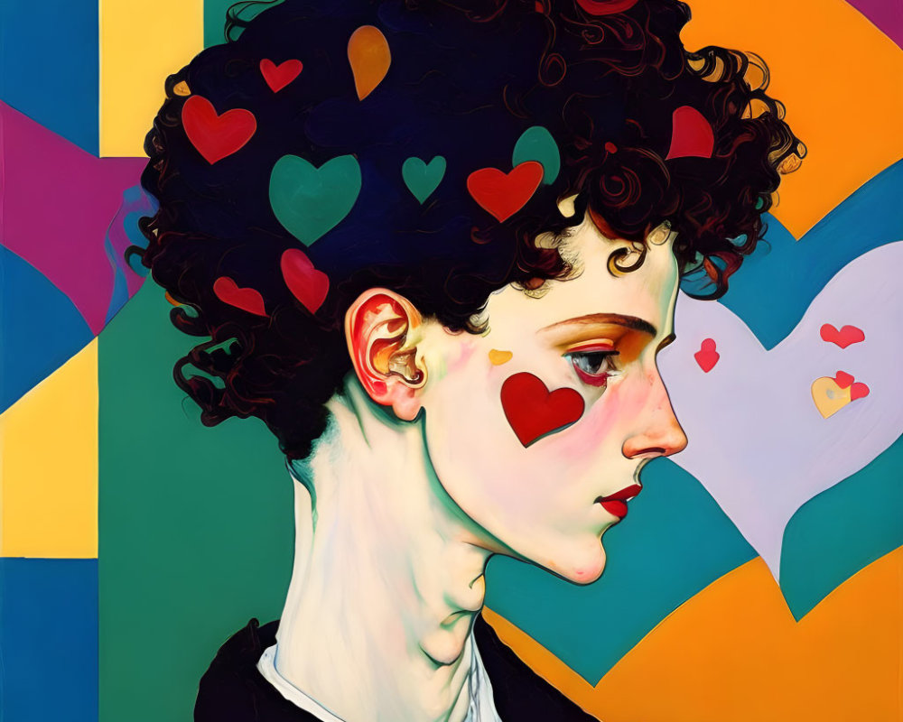 Curly-haired individual with hearts in hair against vibrant geometric backdrop