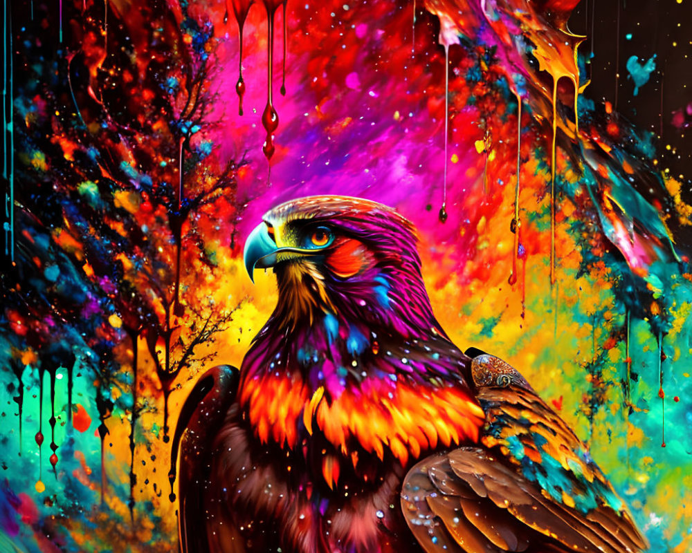 Colorful Eagle on Psychedelic Paint Background in Abstract Artistic Style