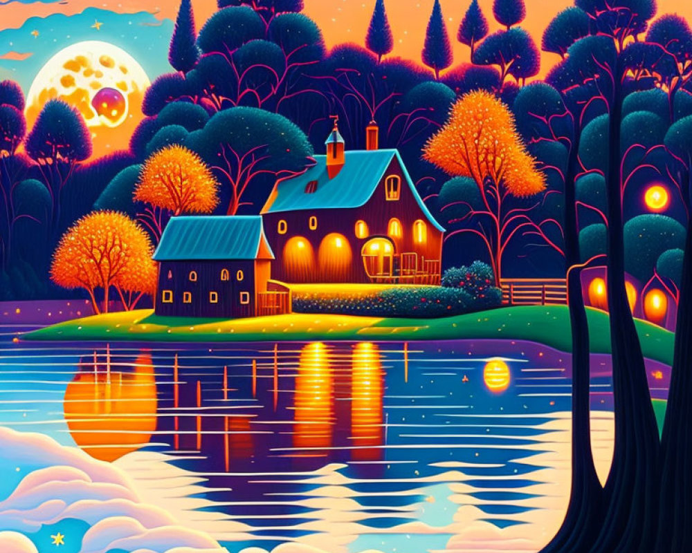 Colorful landscape with house by lake at twilight with crescent moon