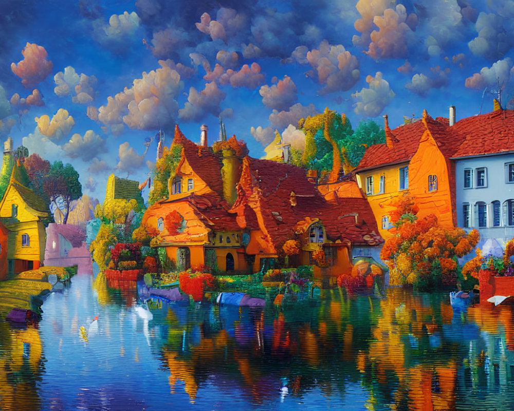 Whimsical village with storybook houses by serene river