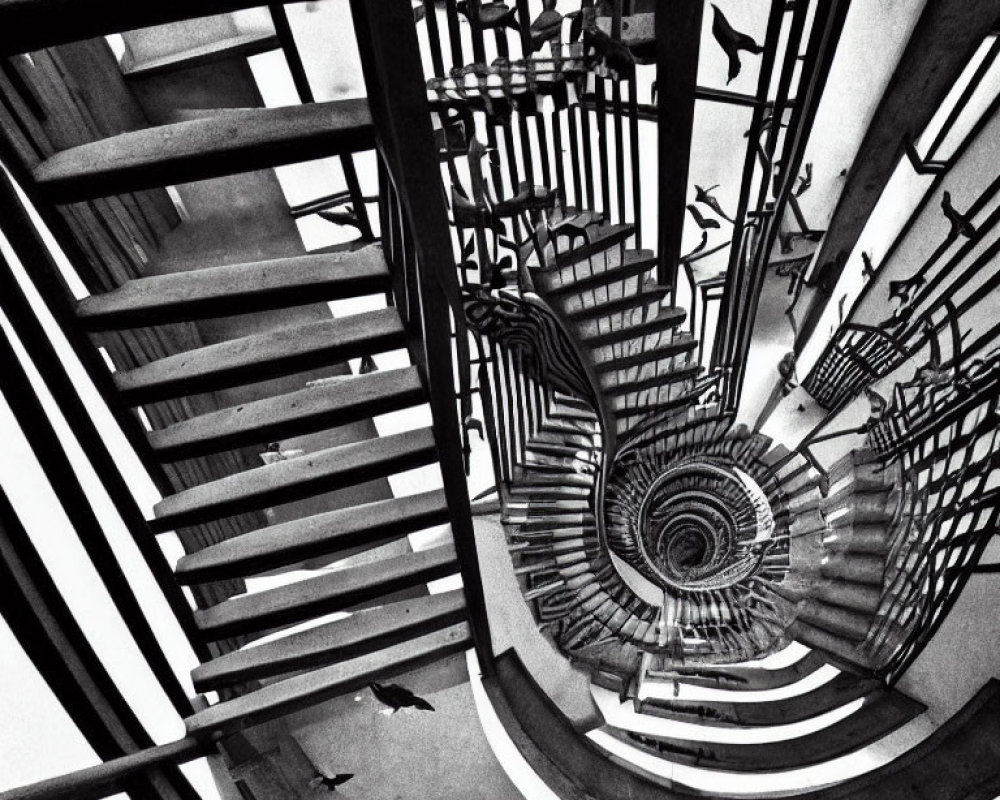 Monochrome top-down view of a spiral staircase with geometric patterns.