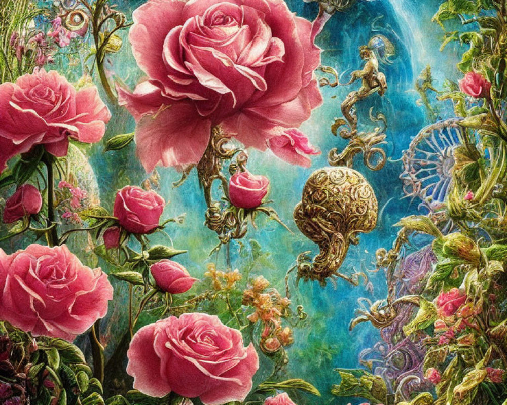 Colorful artwork: Pink roses, golden details, dreamy garden backdrop