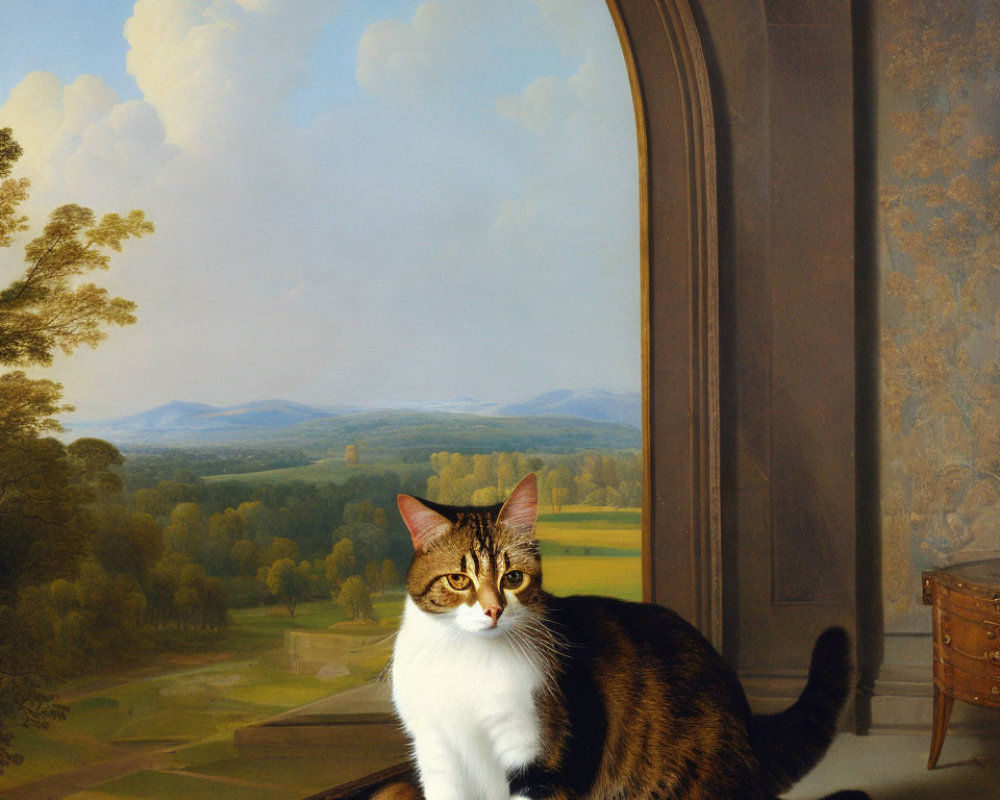 Tabby and White Cat on Windowsill with Mountain Landscape View