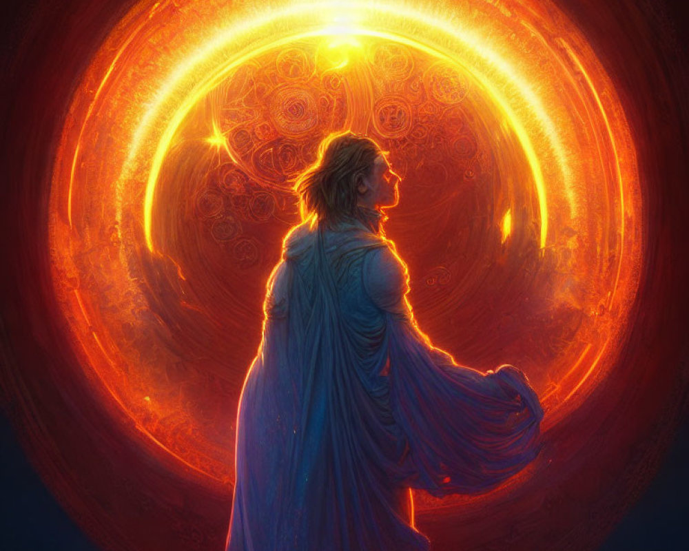 Profile of person in blue cloak gazing at luminous golden ring