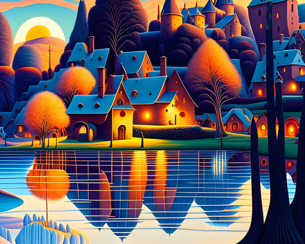 Colorful Stylized Landscape with Whimsical Buildings and Sunset