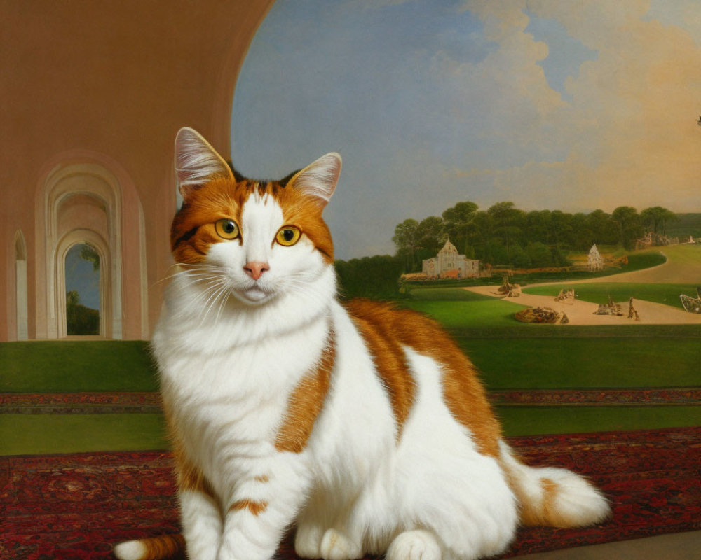 Orange and White Cat with Green Eyes Poses in Front of Landscape Painting