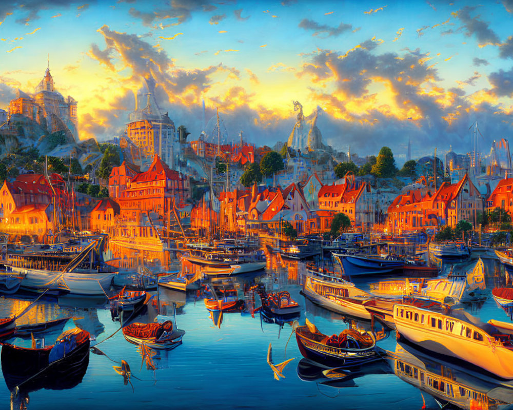 Colorful artwork of a bustling harbor with boats and town under a sunset sky