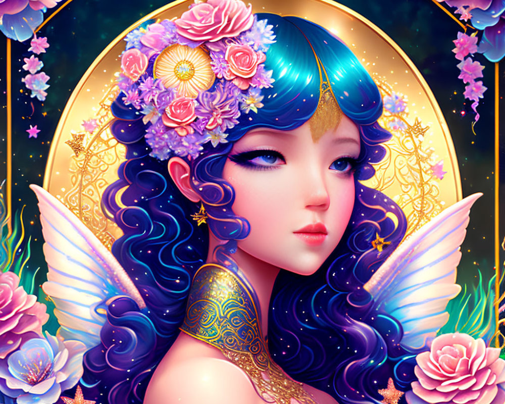 Whimsical female character with blue hair and butterfly wings in a floral setting