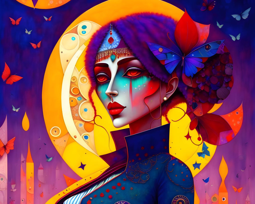 Colorful illustration: Woman with blue skin, headpiece, butterflies, foliage, moon.