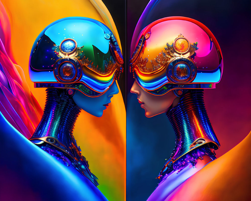 Vibrant digital artwork: Futuristic robotic females in colorful, reflective attire.