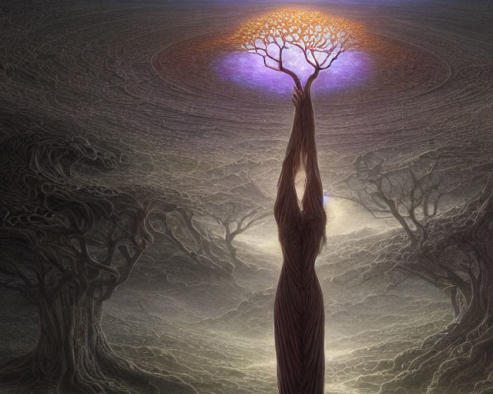 Surreal artwork of lone tree with human-like features under cosmic sky