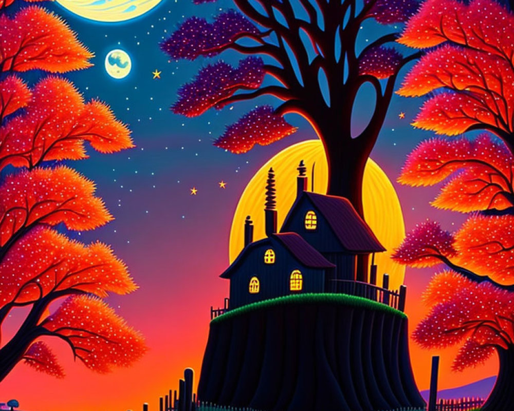 Whimsical house on hill with autumn trees under starry night sky