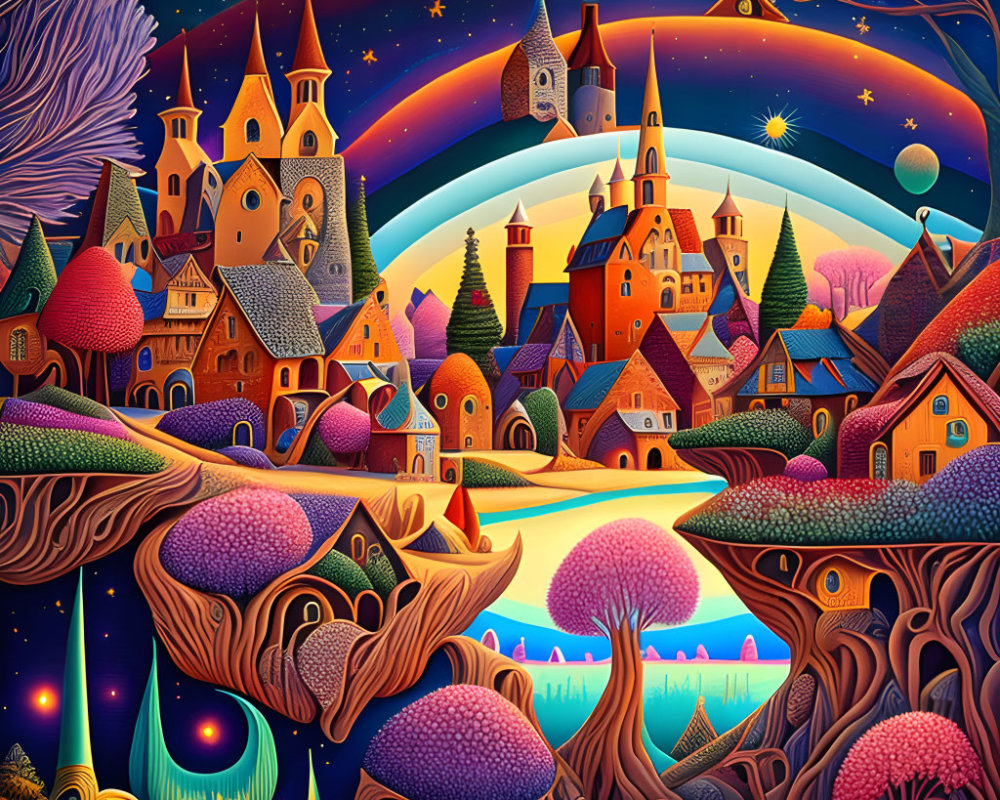 Colorful, whimsical artwork of a fairy-tale village under a starry rainbow sky