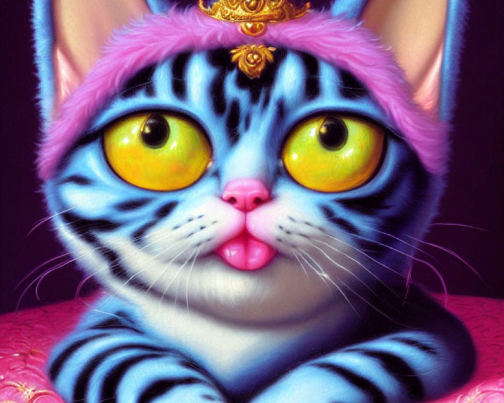 Whimsical blue-striped cat with yellow eyes and crown on purple background