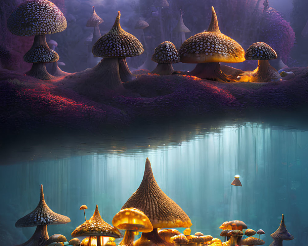 Bioluminescent mushrooms in enchanted forest by reflective lake