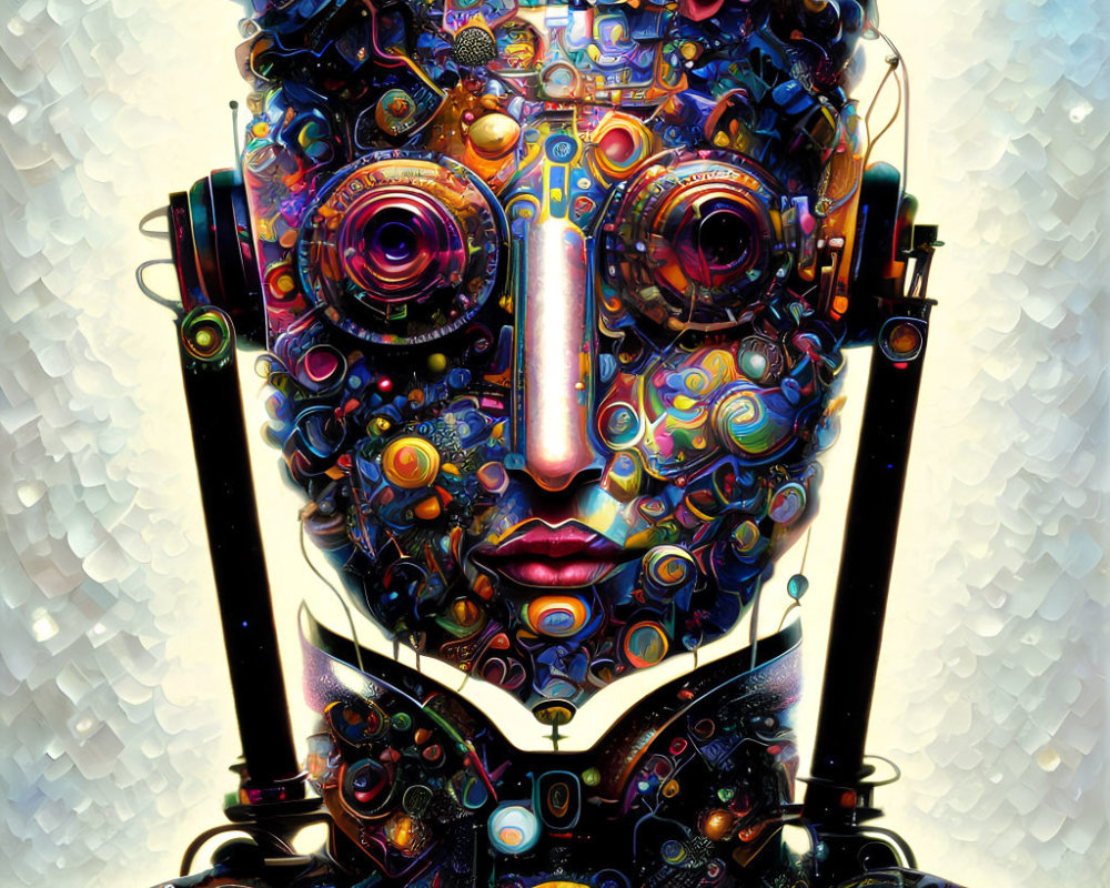 Detailed portrait of a robot with intricate gears and circuits