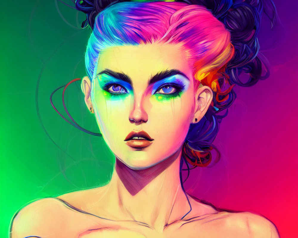 Vibrant portrait of a woman with blue eyes and rainbow hair