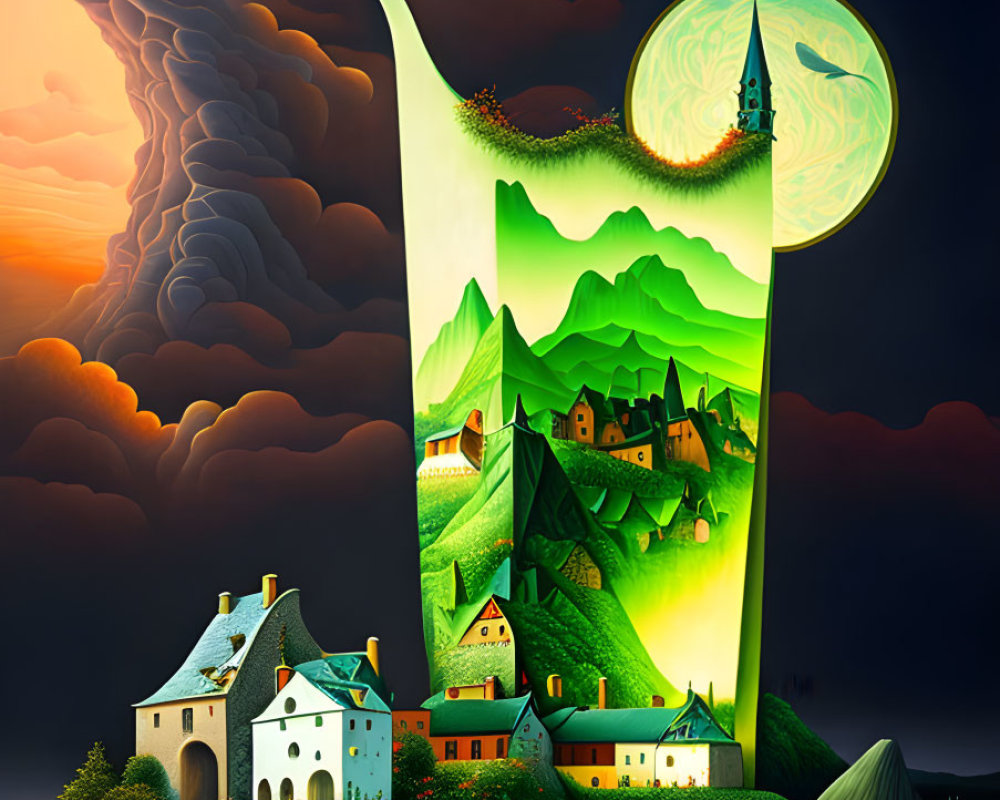 Surreal landscape with vibrant hills, houses, moon, plant, bird, and twilight sky