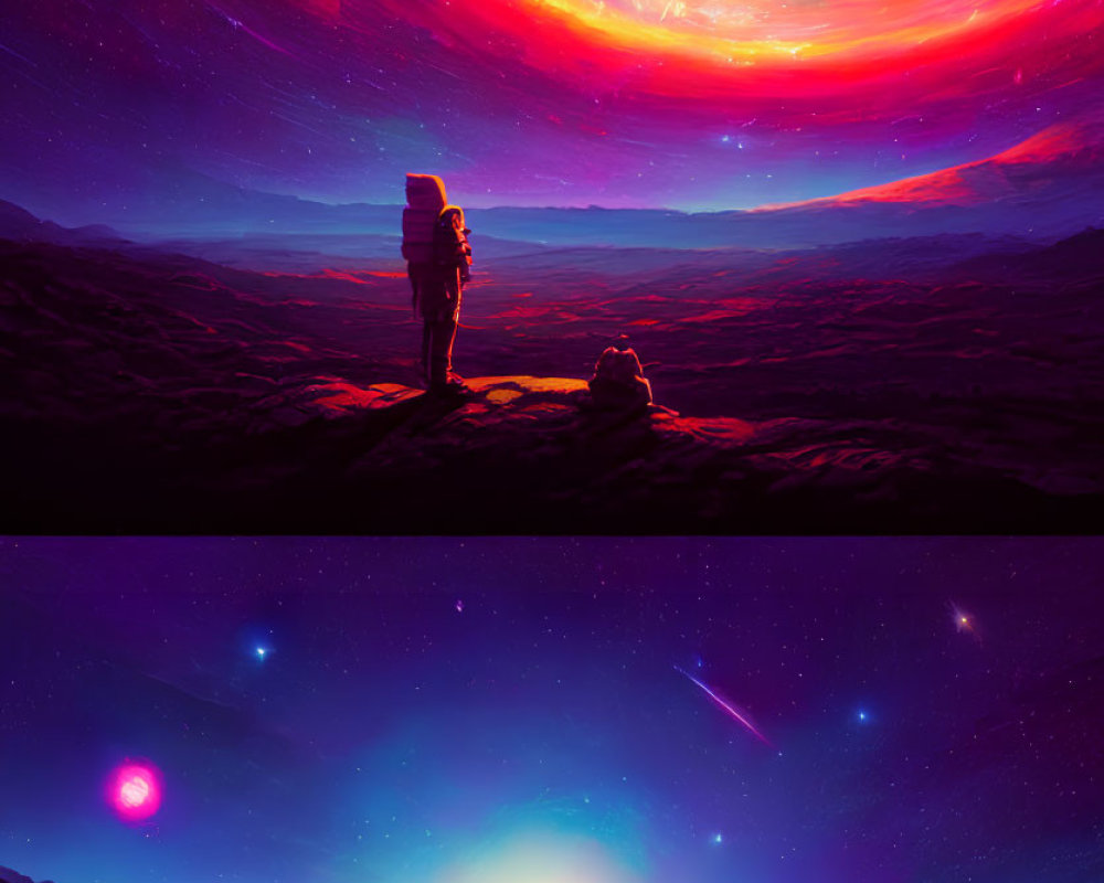 Digital artwork: Figures under cosmic skies with auroras, comet, and starry sky with planets