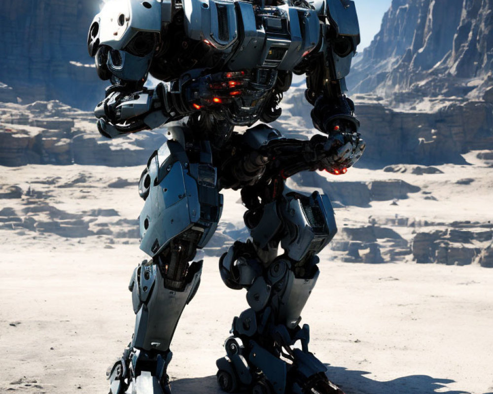 Bipedal robot with heavy armor in rocky landscape